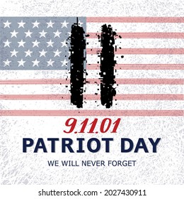 Patriot Day banner. 11 September, National Day of Remembrance vector concept. American flag on background with illustration of the twin towers.
