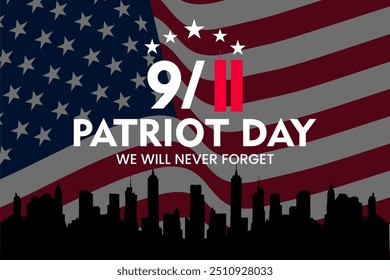 Patriot Day Banner with American Flag and Cityscape Silhouette Remembering 911