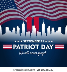 Patriot Day Banner with American Flag and Cityscape Silhouette Remembering 911