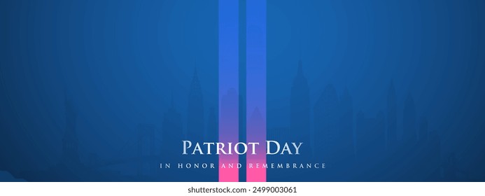 PATRIOT DAY. Blue background, twin light beams shining upward. 