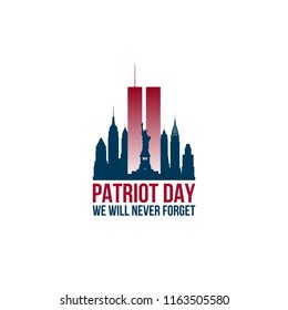 Patriot Day card with Twin Towers and phrase We will never forget. USA Patriot Day banner. September 11, 2001. World Trade Center. Vector design template.