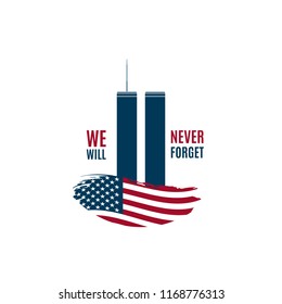 Patriot Day card with Twin Towers on american flag and phrase We will never forget. USA Patriot Day banner. September 11, 2001. World Trade Center. Vector design template.