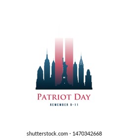 Patriot Day card with Twin Towers and phrase Remember 9-11. September 11, 2001. World Trade Center. Vector design template.