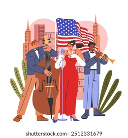 Conceito do Dia do Patriota. Celebrando a cultura americana com música e bandeira, apresentando uma banda de jazz em uma cena urbana. Ilustração vetorial.