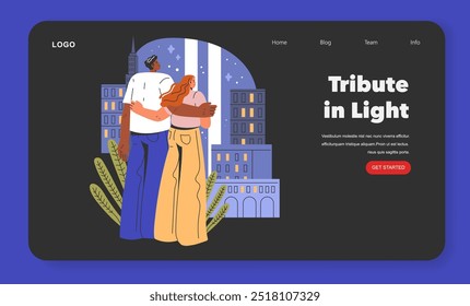 Patriot Day concept. A couple embraces while observing the Tribute in Light memorial. Remembrance and honor for national tragedies. Vector illustration.