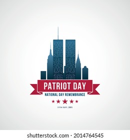 Patriot Day Konzept Design mit Twin Towers, rotes Band und Text Wir werden nie vergessen. USA Patriot Day Banner. 11. September 2001. Vektorgrafik. 