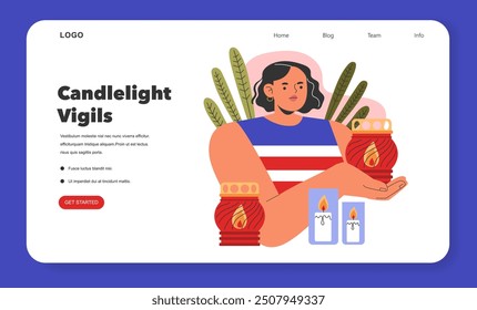 Patriot Day concept. Illustrated scene of a woman participating in a candlelight vigil with a web page interface. Remembrance and tribute activities. Vector illustration.