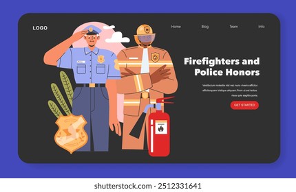 Patriot Day concept. Illustration of a firefighter and police salute to honor first responders. Service dedication and remembrance. Vector illustration.