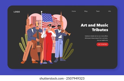 Patriot Day concept. Musicians performing with American flag, celebrating national pride with art and music. Patriotic tribute on a website banner. Vector illustration.