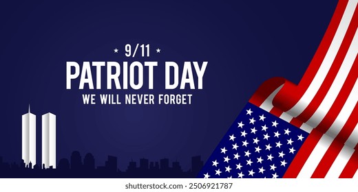 Patriot Day copy space background design. We Will Never Forget with american flag and twin towers silhouette. Vector Illustration.