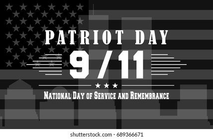 Patriot Day dark background with National day of service and remembrance lettering. Template for September 11. Vector illustration.