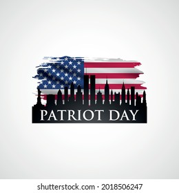 Patriot day design with American flag and New York skyline. September 11 attacks. Vector illustration.