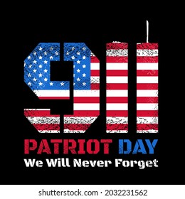 Patriot day design with American flag and New York World Trade Center twin towers skyline. Vector illustration design. Remember 911, 11 september attack concept