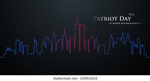 Patriot Day design template for banner, background, header. New York Skyline in color single line on black background. 911 NYC.