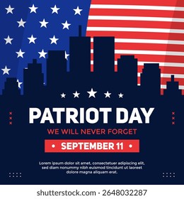 Patriot Day greeting template on silhouette of a city with twin tower and American flag behind it. Patriot Day celebrates on September 11