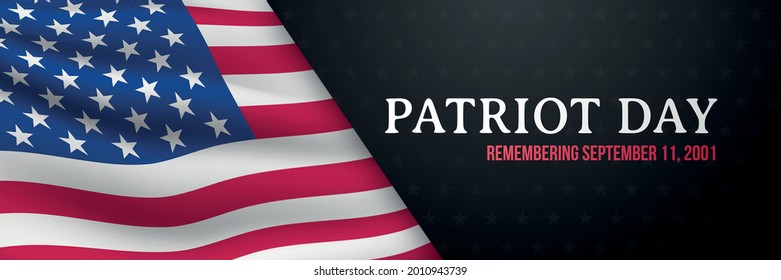 Patriot day horizontal banner. 911 day of remembrance of heroes. United states flag. Remembering September 11, 2001. Patriotic american elements, web header, card, banner and background. 