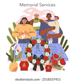 Ilustração do Dia do Patriota. Comemoração do 9 11 com diversas pessoas de luto. Homenagem a heróis caídos com velas e coroas. Ilustração vetorial.