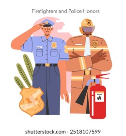 Patriot Day illustration honoring firefighters and police officers with symbols of bravery and service. Vector illustration.