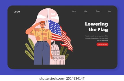 Patriot Day illustration. A soldier saluting the American flag with a stylized Capitol building in the background, honoring traditions. Vector illustration.