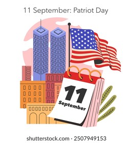 Patriot Day illustration. Twin towers and American flag honor September 11 remembrance. Unity and respect themes. Vector illustration.