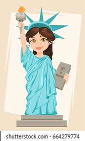 Patriot day. Labor day. July fourth. Statue of Liberty. July 4th. Independence Day. Cute cartoon stylized character. Vector patriotic illustration for USA holidays. 