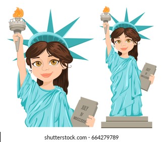 Patriot day. Labor day. Statue of Liberty. Vector patriotic illustration for USA holidays. July 4th. Independence Day. Cute cartoon stylized character, full height and close-up. July fourth. 