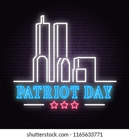 Patriot Day neon sign. We will never forget september 11, 2001. Patriotic banner or poster. Vector illustration for Patriot Day.