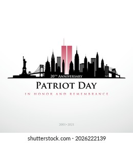 Patriot Day NYC skyline banner. Panorama view of New York before September 11, 2001. In honor and remembrance. 20 th Anniversary 2001-2021. Stock vector illustration.