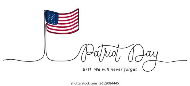 Patriot day one line lettering with USA flag. United states holiday banner poster template. Hand drawn text. September 11 Modern design vector illustration.