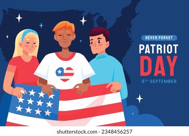 Patriot day poster. Patriot day background. September 11. Vector illustration. Poster, Banner, Card, Template. Usa Patriot day celebration. waving us flag. red and blue colors. 9-11. American Flag.