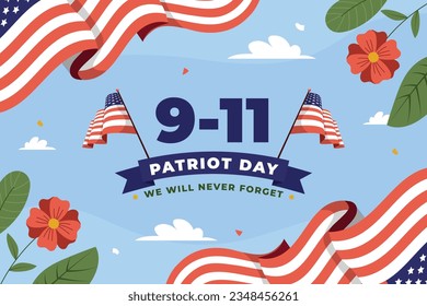 Patriot day poster. Patriot day background. September 11. Vector illustration. Poster, Banner, Card, Template. Usa Patriot day celebration. waving us flag. red and blue colors. 9-11. American Flag.