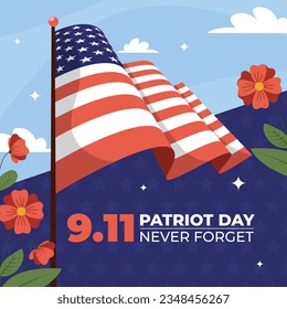 Patriot day poster. Patriot day background. September 11. Vector illustration. Poster, Banner, Card, Template. Usa Patriot day celebration. waving us flag. red and blue colors. 9-11. American Flag.