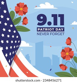 Patriot day poster. Patriot day background. September 11. Vector illustration. Poster, Banner, Card, Template. Usa Patriot day celebration. waving us flag. red and blue colors. 9-11. American Flag.