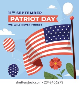 Patriot day poster. Patriot day background. September 11. Vector illustration. Poster, Banner, Card, Template. Usa Patriot day celebration. waving us flag. red and blue colors. 9-11. American Flag.