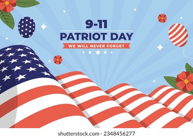 Patriot day poster. Patriot day background. September 11. Vector illustration. Poster, Banner, Card, Template. Usa Patriot day celebration. waving us flag. red and blue colors. 9-11. American Flag.