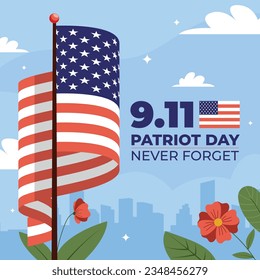 Patriot day poster. Patriot day background. September 11. Vector illustration. Poster, Banner, Card, Template. Usa Patriot day celebration. waving us flag. red and blue colors. 9-11. American Flag.