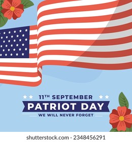 Patriot day poster. Patriot day background. September 11. Vector illustration. Poster, Banner, Card, Template. Usa Patriot day celebration. waving us flag. red and blue colors. 9-11. American Flag.