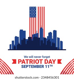 Patriot day poster. Patriot day background. September 11. Vector illustration. Poster, Banner, Card, Template. Usa Patriot day celebration. waving us flag. red and blue colors. 9-11. American Flag.