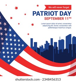 Patriot day poster. Patriot day background. September 11. Vector illustration. Poster, Banner, Card, Template. Usa Patriot day celebration. waving us flag. red and blue colors. 9-11. American Flag.