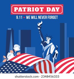 Patriot day poster. Patriot day background. September 11. Vector illustration. Poster, Banner, Card, Template. Usa Patriot day celebration. waving us flag. red and blue colors. 9-11. American Flag.