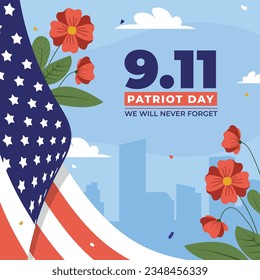 Patriot day poster. Patriot day background. September 11. Vector illustration. Poster, Banner, Card, Template. Usa Patriot day celebration. waving us flag. red and blue colors. 9-11. American Flag.