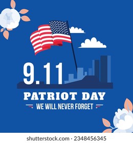 Patriot day poster. Patriot day background. September 11. Vector illustration. Poster, Banner, Card, Template. Usa Patriot day celebration. waving us flag. red and blue colors. 9-11. American Flag.