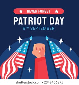 Patriot day poster. Patriot day background. September 11. Vector illustration. Poster, Banner, Card, Template. Usa Patriot day celebration. waving us flag. red and blue colors. 9-11. American Flag.