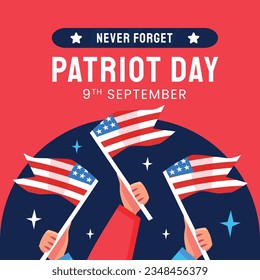 Patriot day poster. Patriot day background. September 11. Vector illustration. Poster, Banner, Card, Template. Usa Patriot day celebration. waving us flag. red and blue colors. 9-11. American Flag.