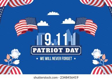 Patriot day poster. Patriot day background. September 11. Vector illustration. Poster, Banner, Card, Template. Usa Patriot day celebration. waving us flag. red and blue colors. 9-11. American Flag.