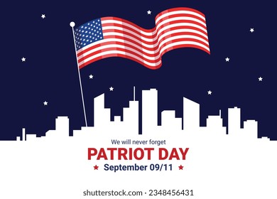 Patriot day poster. Patriot day background. September 11. Vector illustration. Poster, Banner, Card, Template. Usa Patriot day celebration. waving us flag. red and blue colors. 9-11. American Flag.