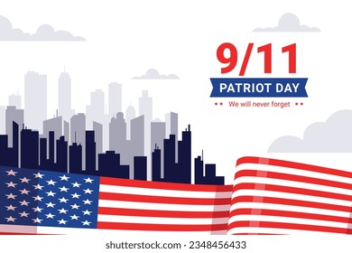 Patriot day poster. Patriot day background. September 11. Vector illustration. Poster, Banner, Card, Template. Usa Patriot day celebration. waving us flag. red and blue colors. 9-11. American Flag.