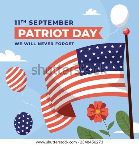 Patriot day poster. Patriot day background. September 11. Vector illustration. Poster, Banner, Card, Template. Usa Patriot day celebration. waving us flag. red and blue colors. 9-11. American Flag.