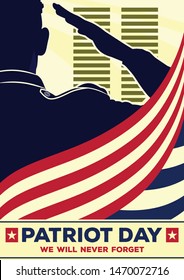 Patriot day poster template. US Army soldier saluting on american flag background. Vector illustration.