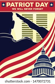 Patriot day poster template. US Army soldier saluting on american flag background. Vector illustration.